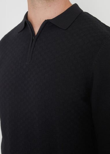 Threadbare Black Long Sleeve Quarter Zip Knitted Polo Jumper