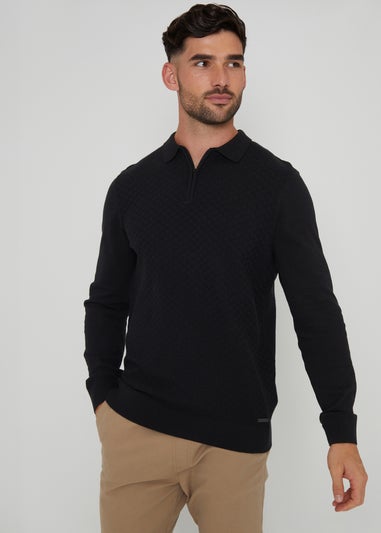 Threadbare Black Long Sleeve Quarter Zip Knitted Polo Jumper