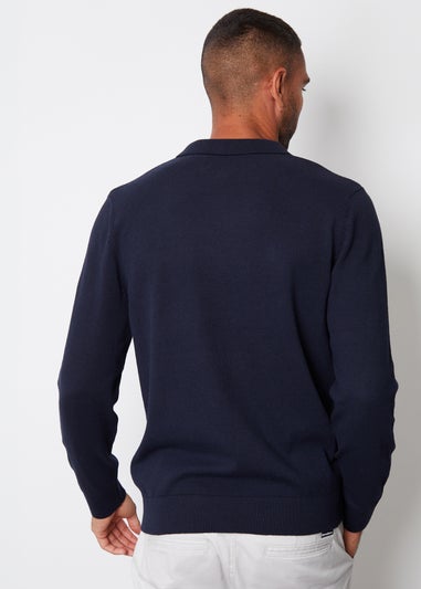 Threadbare Navy Long Sleeve Quarter Zip Knitted Polo Jumper