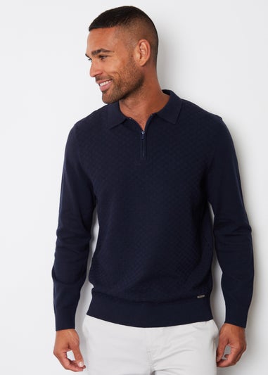 Threadbare Navy Long Sleeve Quarter Zip Knitted Polo Jumper