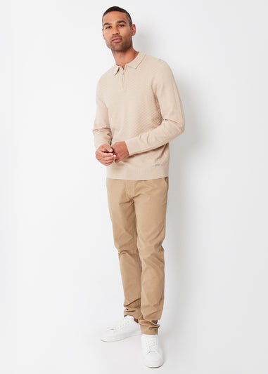 Threadbare Beige Long Sleeve Quarter Zip Knitted Polo Jumper