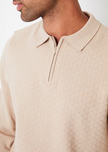 Threadbare Beige Long Sleeve Quarter Zip Knitted Polo Jumper