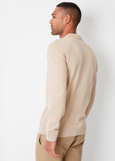 Threadbare Beige Long Sleeve Quarter Zip Knitted Polo Jumper