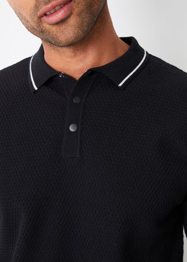 Threadbare Black Textured Knitted Long Sleeve Polo Jumper