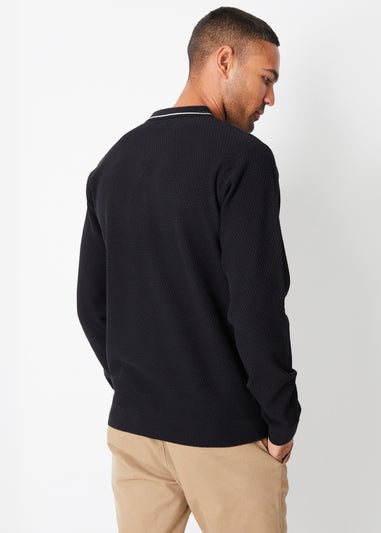 Threadbare Black Textured Knitted Long Sleeve Polo Jumper