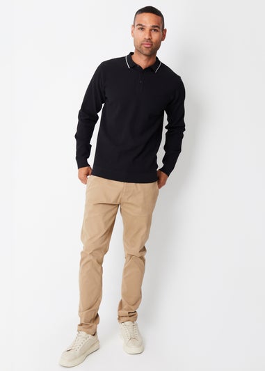 Threadbare Black Textured Knitted Long Sleeve Polo Jumper