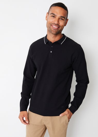 Threadbare Black Textured Knitted Long Sleeve Polo Jumper