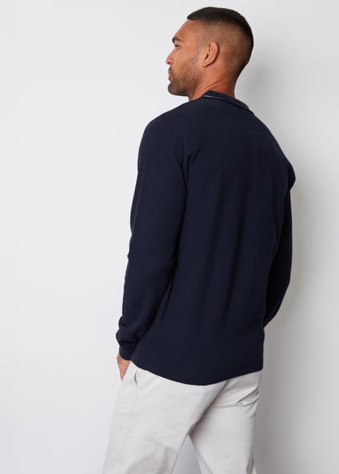 Threadbare Navy Textured Knitted Long Sleeve Polo Jumper