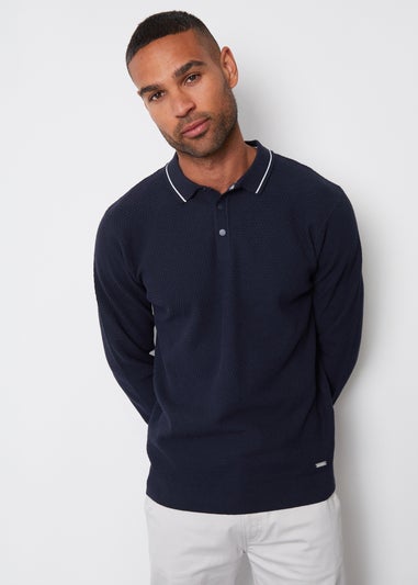 Threadbare Navy Textured Knitted Long Sleeve Polo Jumper