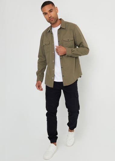 Threadbare Khaki Cotton Popper Closure Long Sleeve Shirt