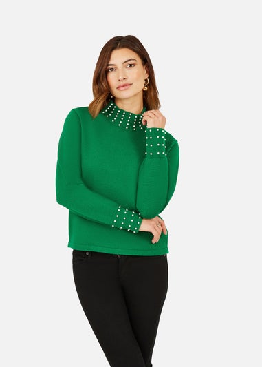 Mela Green Pearl Detail High Neck Jumper