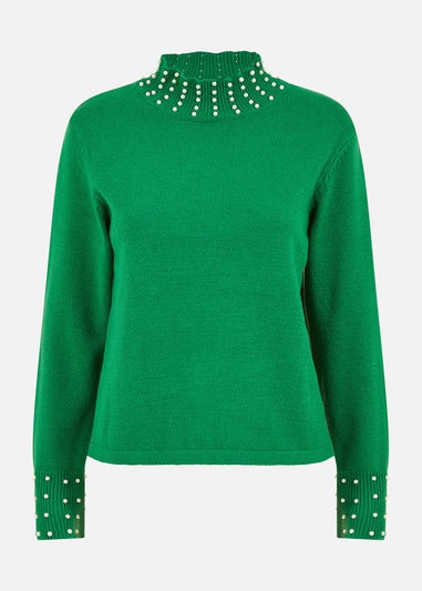 Mela Green Pearl Detail High Neck Jumper