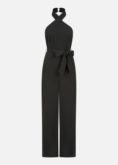 Mela Black Cross Over Halter Neck Jumpsuit