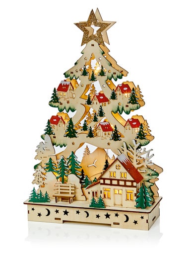 Premier Decorations Battery Operated Lit Christmas Tree Village Scene 36cm