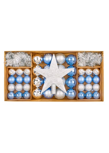 Premier Decorations 54 Piece Blue and Silver Shatterproof Christmas Tree Decorations