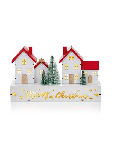 Premier Decorations Battery Operated Lit Wood Merry Christmas House Scene 30cm