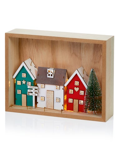 Premier Decorations Battery Operated Lit Wood Frame with Houses Scene 25cm