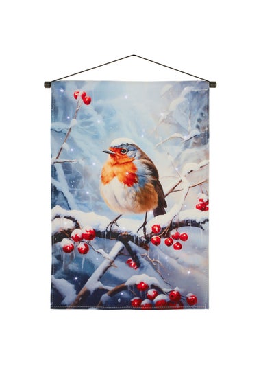 Premier Decorations Blue Robin Winter Scene Fabric Banner with Twinkling Fibre Optics 60 x 40cm