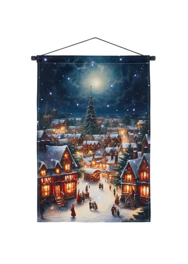 Premier Decorations Blue Victorian Village Scene Fabric Banner with Twinkling Fibre Optics 60 x 40cm