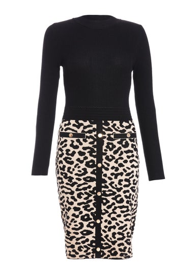 Quiz Black Knit Leopard Print Jumper Dress