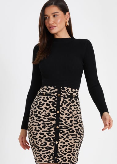 Quiz Black Knit Leopard Print Jumper Dress