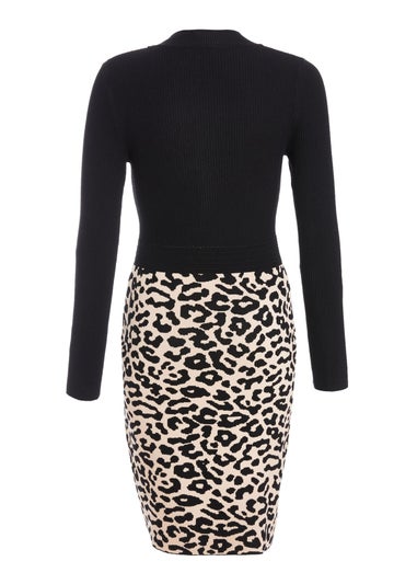 Quiz Black Knit Leopard Print Jumper Dress