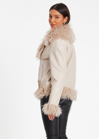 Quiz Stone Faux Fur Contrast Belted Jacket