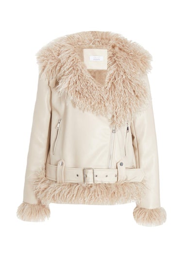 Quiz Stone Faux Fur Contrast Belted Jacket