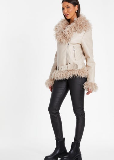 Quiz Stone Faux Fur Contrast Belted Jacket