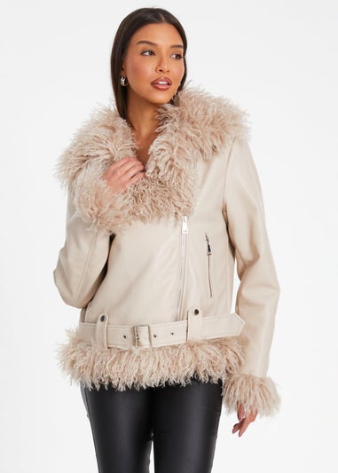 Quiz Stone Faux Fur Contrast Belted Jacket