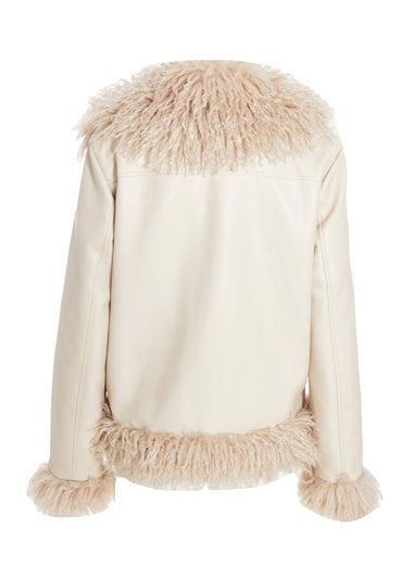 Quiz Stone Faux Fur Contrast Belted Jacket