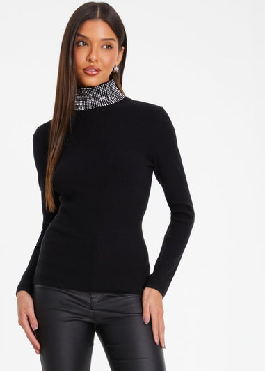 Quiz Black Diamante Turtle Neck Jumper