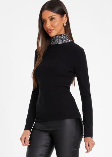 Quiz Black Diamante Turtle Neck Jumper