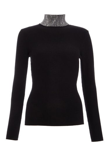 Quiz Black Diamante Turtle Neck Jumper