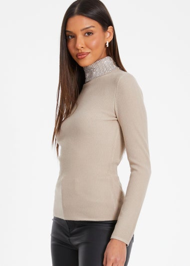 Quiz Stone Diamante Turtle Neck Jumper