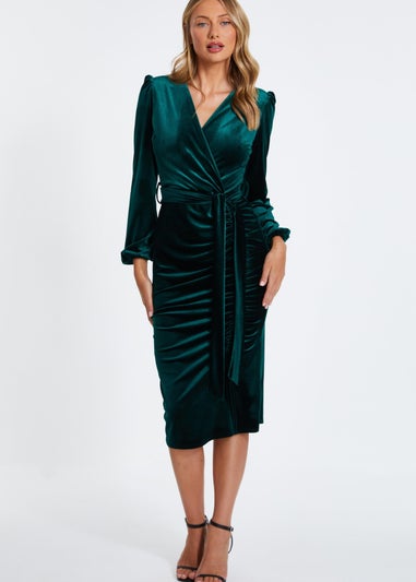 Quiz Green Velvet Ruched Midi Dress