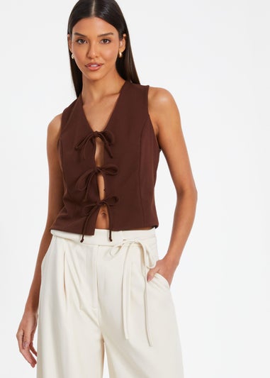 Quiz Brown Tie Up Sleeveless Waistcoat