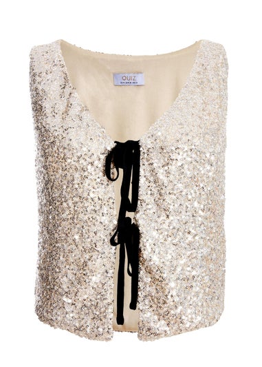 Quiz Cream Sequin Tie Front Waistcoat