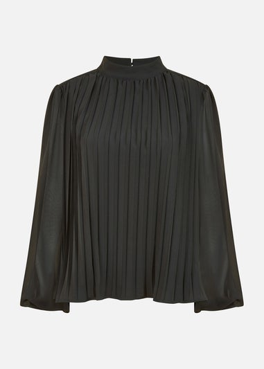 Mela Black Pleated Long Sleeve Top With High Neck