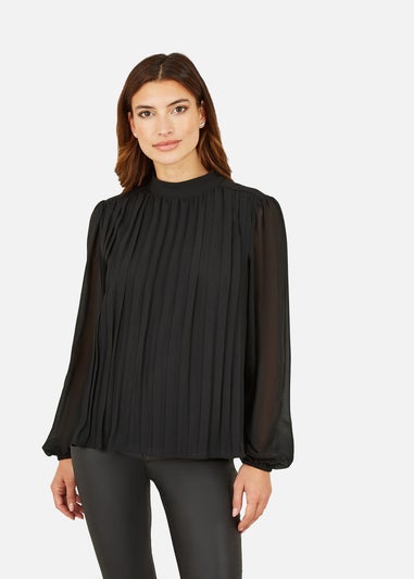 Mela Black Pleated Long Sleeve Top With High Neck