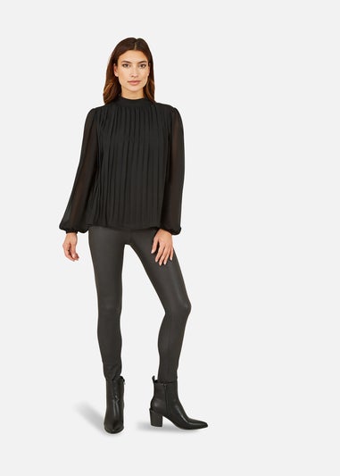 Mela Black Pleated Long Sleeve Top With High Neck