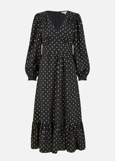 Yumi Black Foil Print Long Sleeve Midi Dress