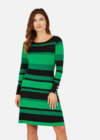 Yumi Green Striped Knitted Skater Dress