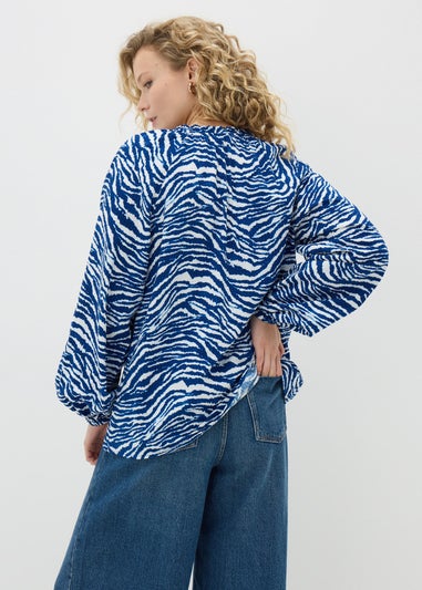 Blue Animal Print Tie Neck Blouse