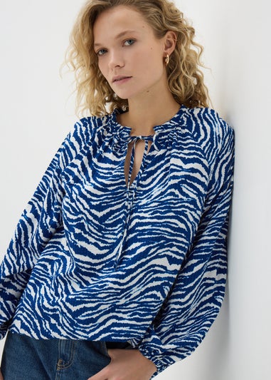 Blue Animal Print Tie Neck Blouse