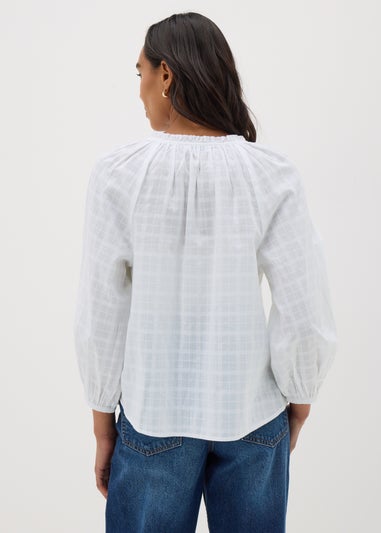 White Textured Tie Neck Blouse