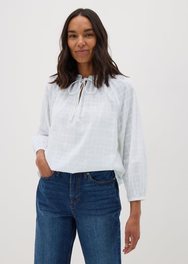 White Textured Tie Neck Blouse