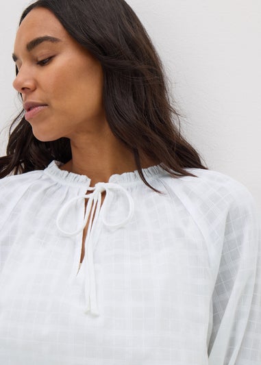 White Textured Tie Neck Blouse