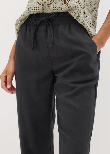 Black Linen Blend Tapered Trousers