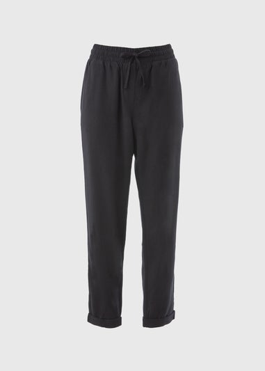 Black Linen Blend Tapered Trousers